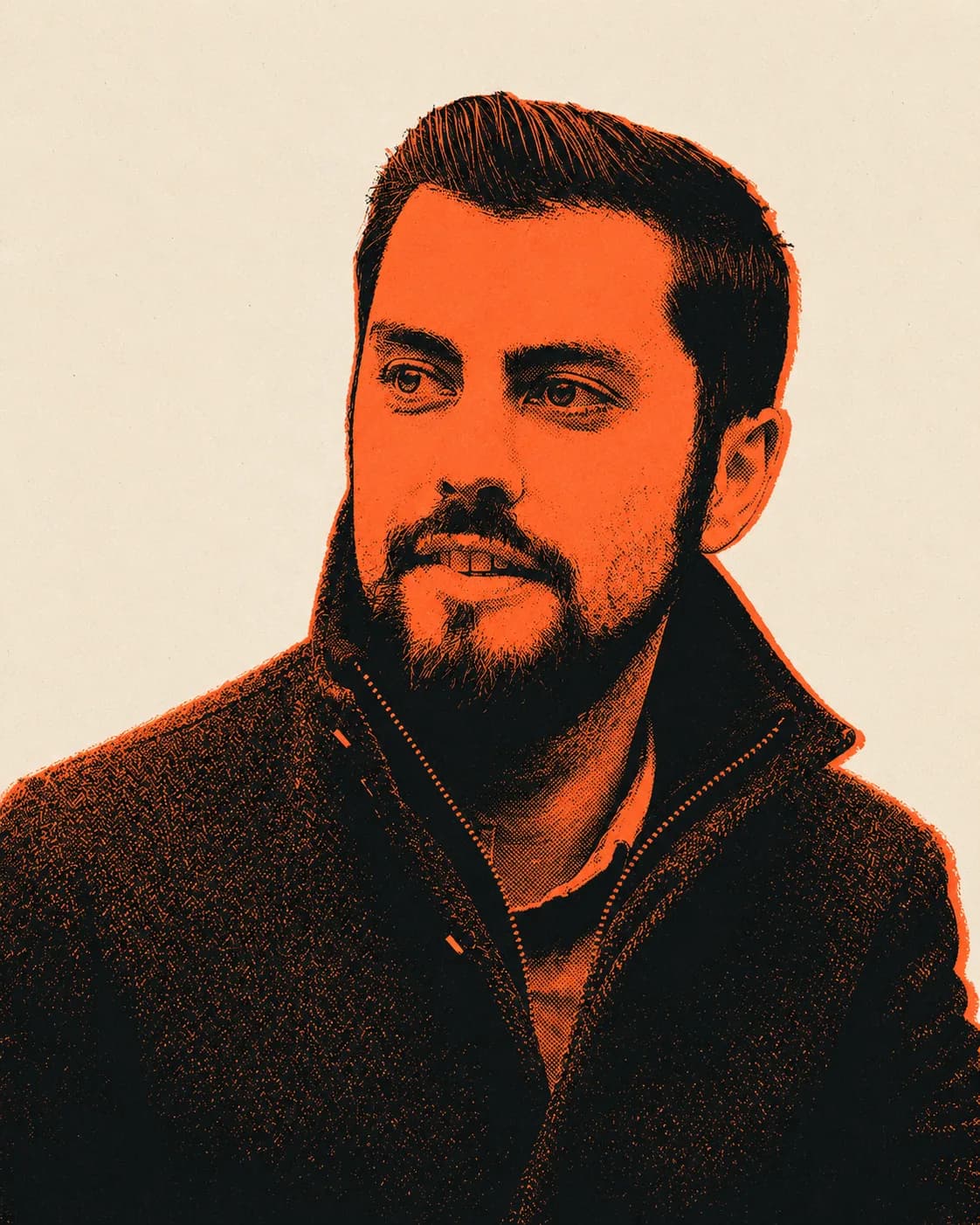 Halftone portrait of Constantin Chirila in ink and orange